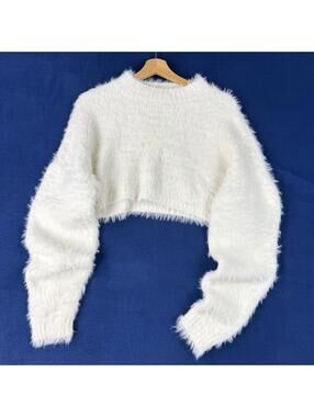 Fluffy Cropped Sweater Fuzzy Knit White Long Sleeve Soft Cozy Top Size M Y2K